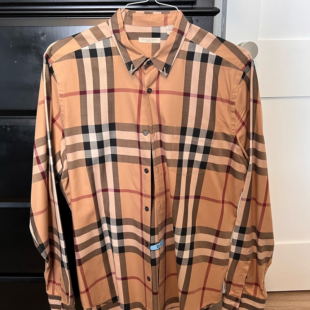 Burberry Tan Black White Plaid Dress Shirt